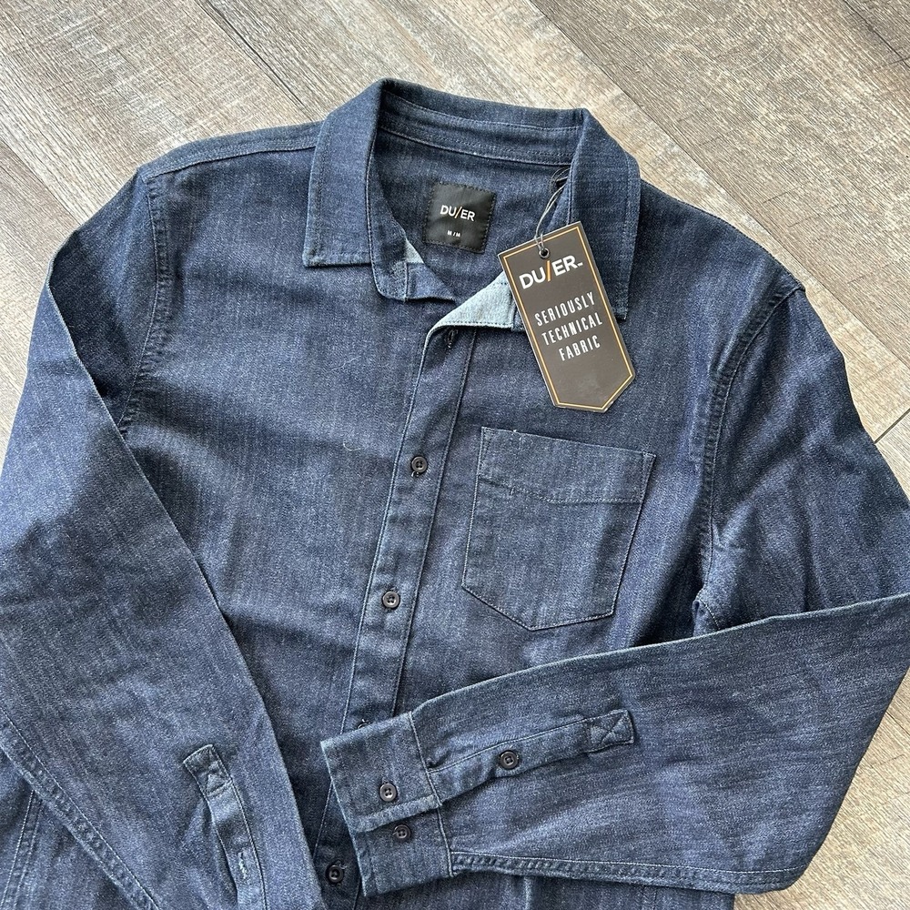 NWT DUER Performance Denim Lite Two-Pocket Shirt Men's M Dark Wash Stretch
